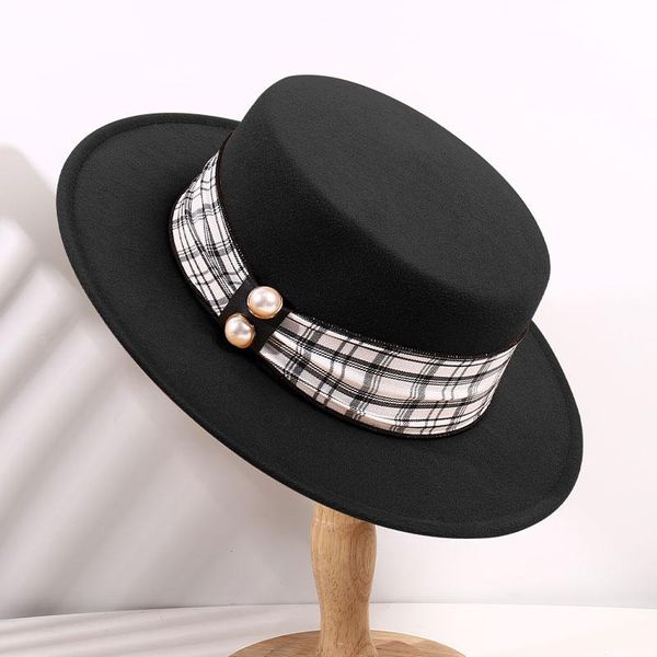 

stingy brim hats korean version fashionable youth woolen flat hat versatile outdoor warm banquet british pearl formal cap women, Blue;gray