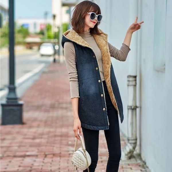 

women's vests vintage female wool lining sleeveless warm thick jacket with hood denim long casual single breasted jean waistcoat t09o, Black;white