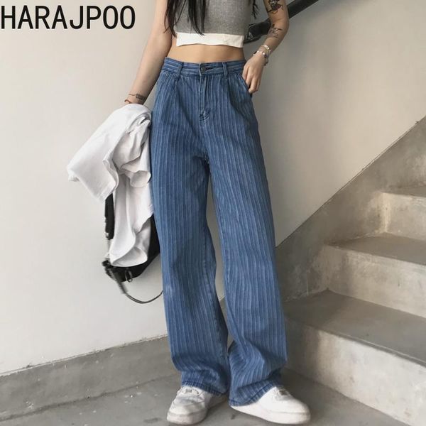 

women's jeans harajpoo women pants high waist female summer korean ins blue striped straight wide leg loose thin casual trousers trend