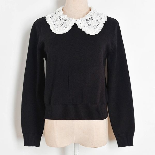 

women's sweaters brand runway luxury beaded lacel collar long-sleeved knitted sweater pullover fall winter kintwear black jumper vestid, White;black