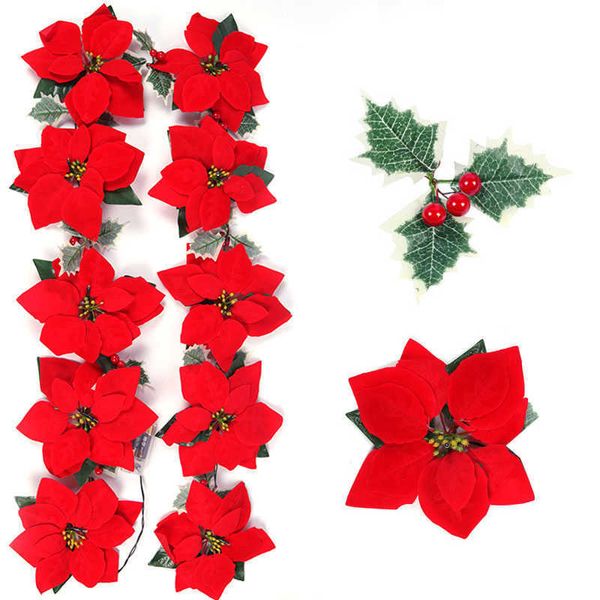 2m 10LED Poinsettia Ghirlanda di luci con bacche rosse Foglie a batteria Decorazioni per alberi di Natale Luci floreali Noel 211012