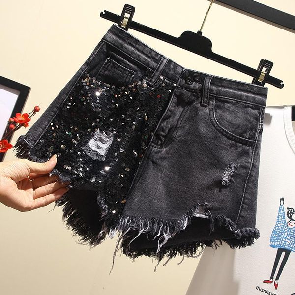 

women's jeans jsxdhk summer women shorts luxury sequined tassel black short pants plus size hole high wist wide leg denim, Blue