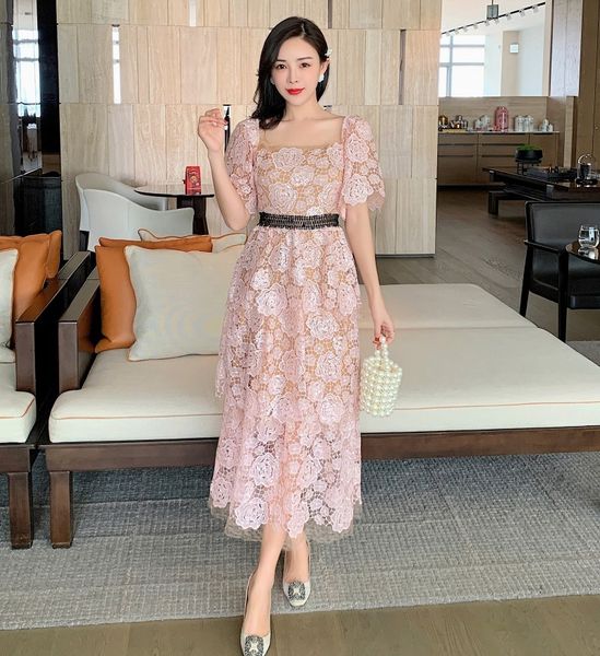 

vintage pink hook flower hollow out women summer flare sleeve ruffles trim embroidery square collar party lace dress 210514, Black;gray