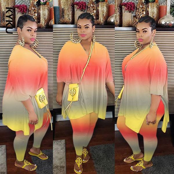 

women's tracksuits set plus size s-5xl gradient print v-neck tee jogger sweatpant suit two piece sport matching outfit, Gray