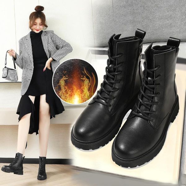 

boots winter women ankle genuine leather 2021 fashion autumn warm motorcycle non-slip waterproof female platform shoes, Black