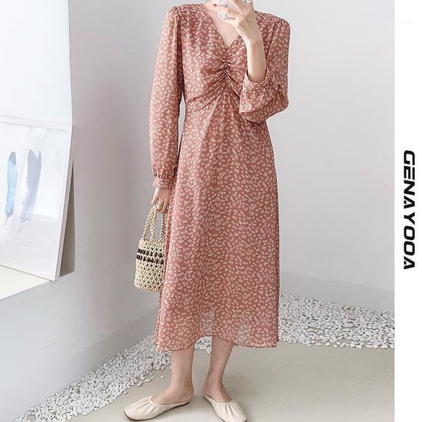 

casual dresses genayooa vintage women dress v neck long sleeve chiffon elegant maxi boho streetwear christmas 2021, Black;gray