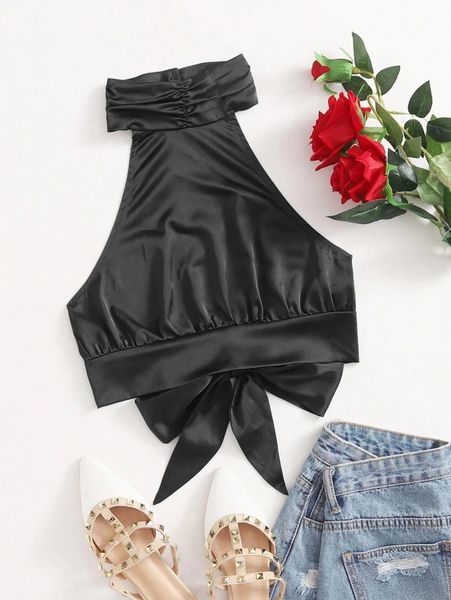 

ruched halterneck tied backless crop t0dx#, White