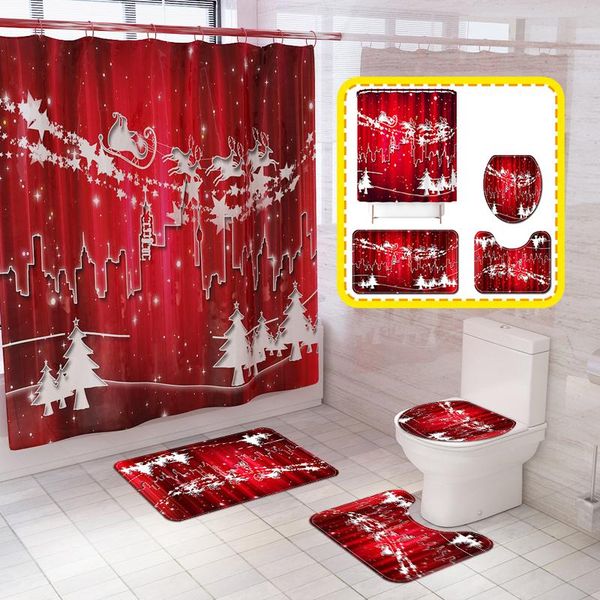 

shower curtains cartoon christmas santa elk waterproof curtain with hooks set bathroom anti slip bath mat toilet lid cover for decor rugs
