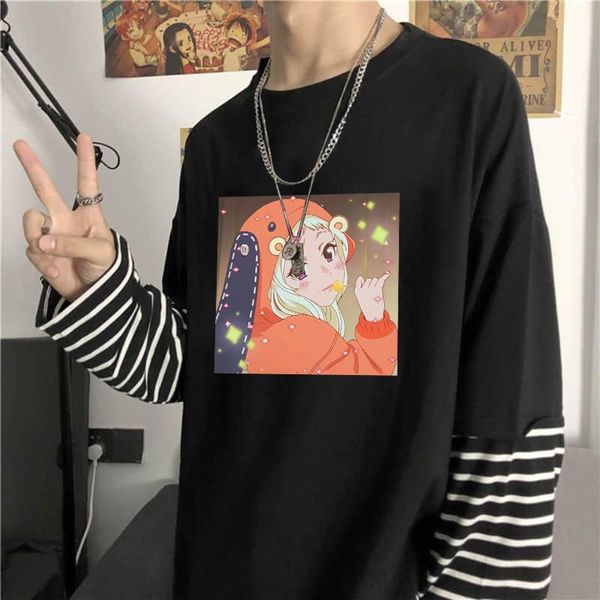 

men's t-shirts funny japanese anime kakegurui yomoduki runa fake two piece harajuku cartoon graphic street stripes long t-shirt, White;black