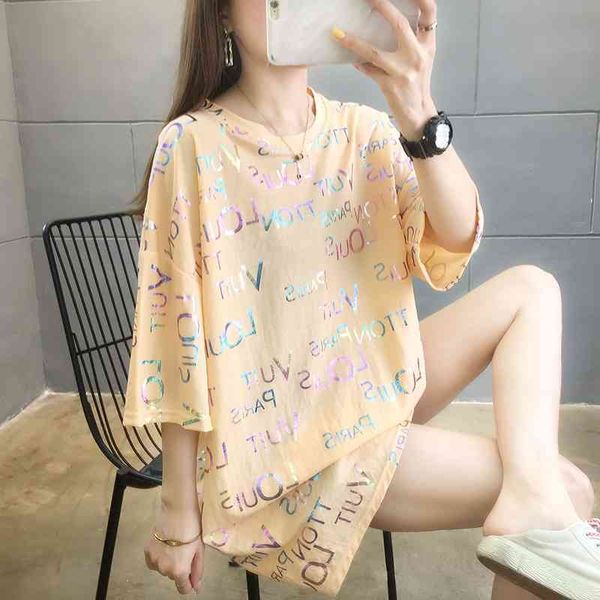 

large women's new color printed letter ice silk short sleeve t-shirt women's summer and korean loose and versatile fashion top, White;black