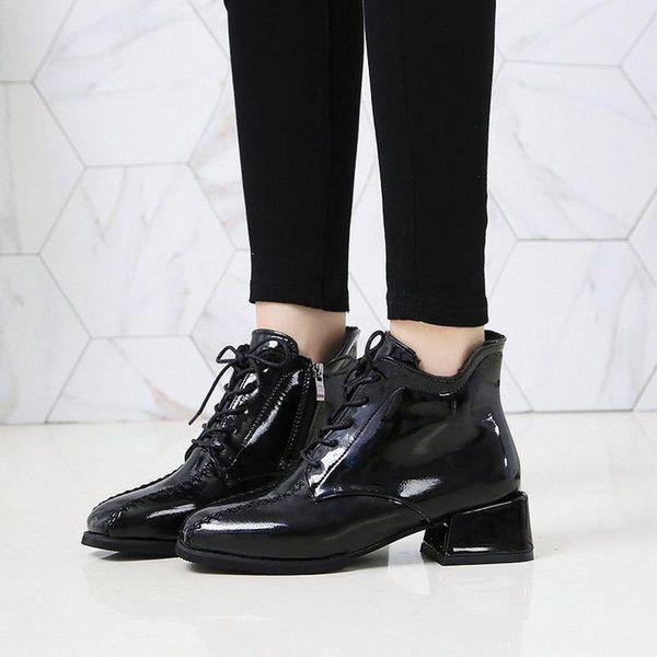 

boots autumn winter women 2021 vintage square head leather ankle short casual lace up non-slip 35-43, Black