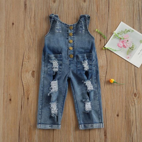 

baby girl overalls children wide shoulder strap one piece trousers with two pocket old fashion hole jumpsuit jeans blue leisure jumpsuits