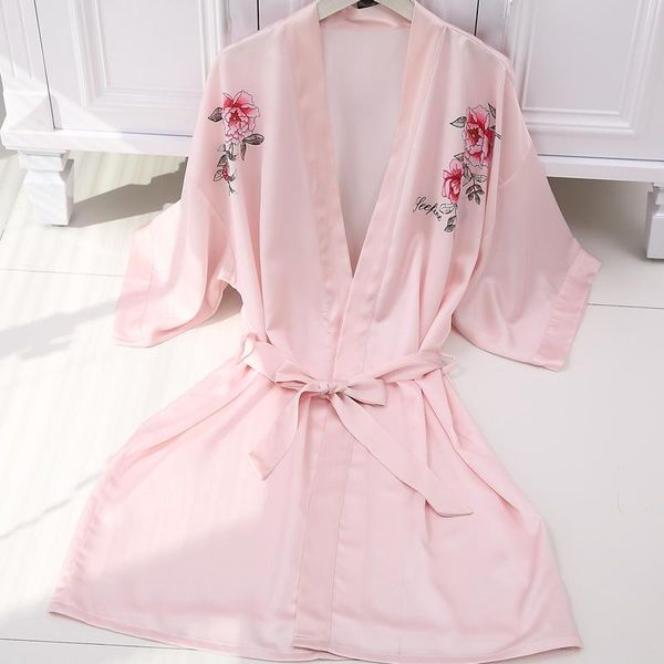 

women's sleepwear women casual kimono robe gown pink sweet flower print nightgown v-neck bathrobe spring summer satin with belt, Black;red