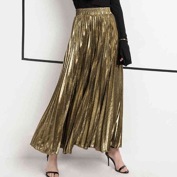 

paris girl fashion high waist big swing skirt lady gold ankle-length pleated skirts women large size clothes 210524, Black