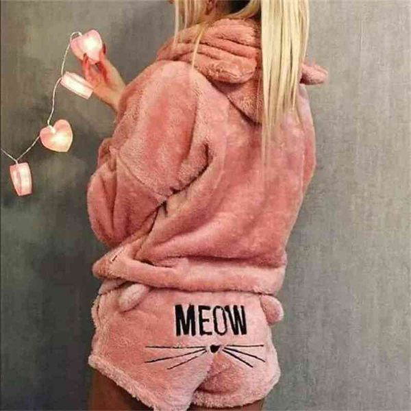 Kadın Pijama Set Kış Pijama Sıcak Kapüşonlu Flanel Hoodie Şort Noel Kadın Ev Seksi Kadınlar 210809