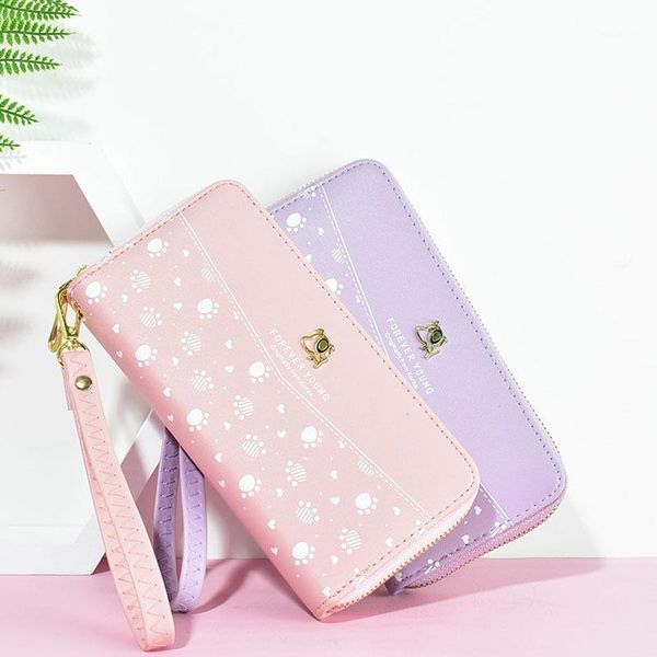 

wallet women's long 2021 zipper handbag cute student print large capacity mobile phone bag purse, White