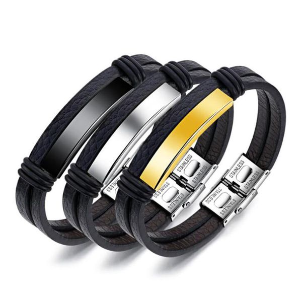 

link, chain stainless steel long bar gold men punk rock black leather bracelet bangle jewelry gift for teenagers