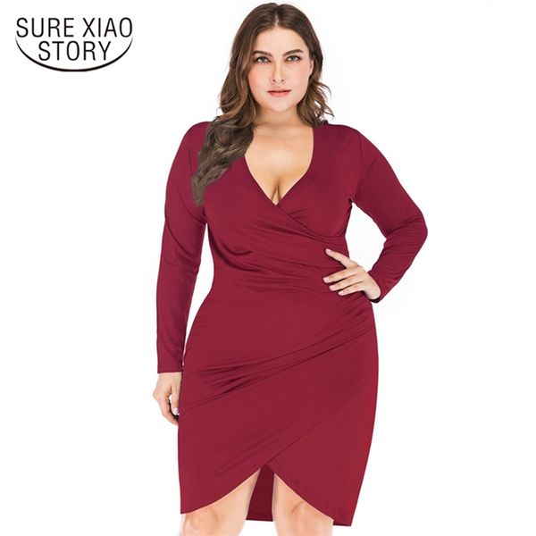 

fashion solid women dress elegant spring office deep v collar long sleeve 4xl 5xl plus size dress 2627 50 210506, Black;gray