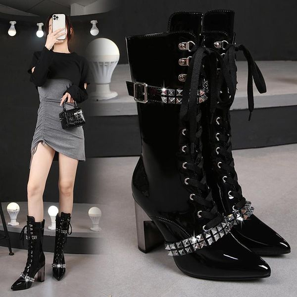 

boots high heel women model party catwalk boot wild large size mid-tube, Black