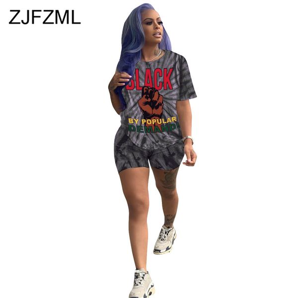 

casual loose sporty two piece outfits for women o neck short sleeve tee short pants tie dye letter printed jogger matching suits 210520, White