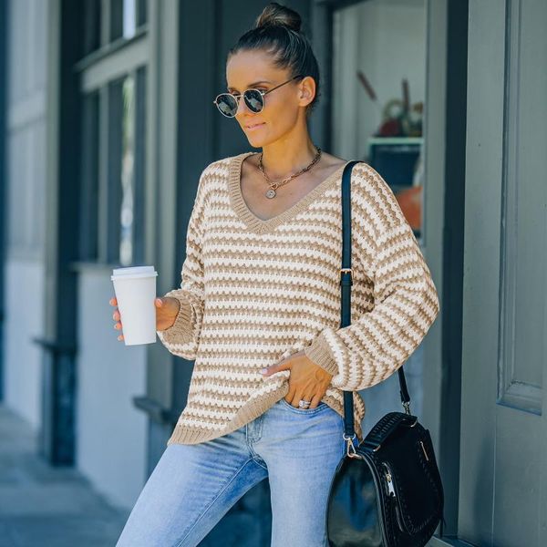 

women's sweaters winter trrendy v-neck loose slim tricot femme casual striped pullovers fall office work women puff sleeves knitted, White;black