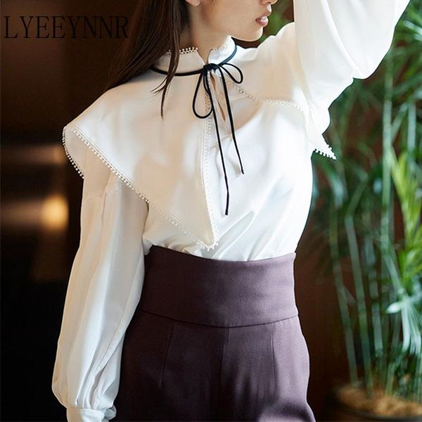 

women's blouses & shirts lyeeynnr stand collar lace up women solid color long sleeve white blouse office ladies arrival elegant camisa