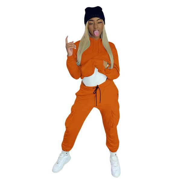 

tracksuits casual solid hooded two piece set women long sleeve autumn winter sporty loungewear hoody and side pockets sweatpant club outfit, Gray