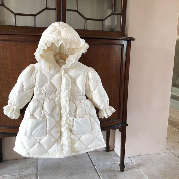 

down coat winter girls long cotton padded hooded kids warm silk jacket children lace collar princess girl doll parkas outwear, Blue;gray