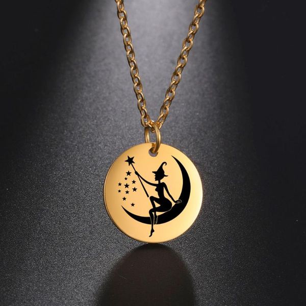 

pendant necklaces fishhook moon witch fairy elf necklace girl star supernatural gift love stainless steel rose gold color for woman man jewe, Silver