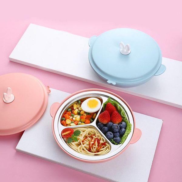 

stainless steel bowl children insulation anti-scalding dinner plate separate tray containers tableware with cover bowls