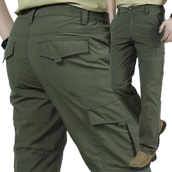 

men casual solid color pocket thick breathable trousers quick dry cargo pants men's, Black
