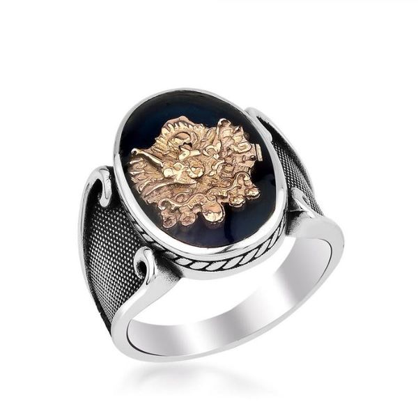

round black onyx gemstone ring silver men ottoman coat of arms vintage jewelery 925 sterling turkish cluster rings, Golden;silver