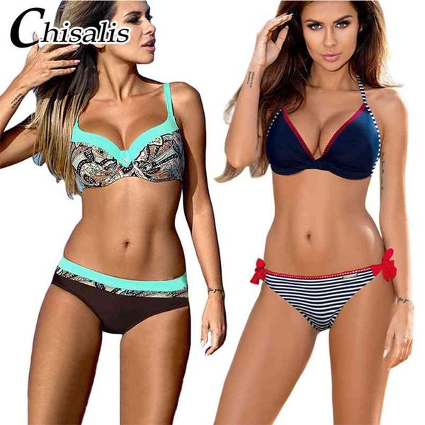 Chisalis Sexy Swimsuit Mulheres Bikini Impressão Push Up Swimwear Set Brazilian Set Brazia Terno Floral Biquini XXL 210629