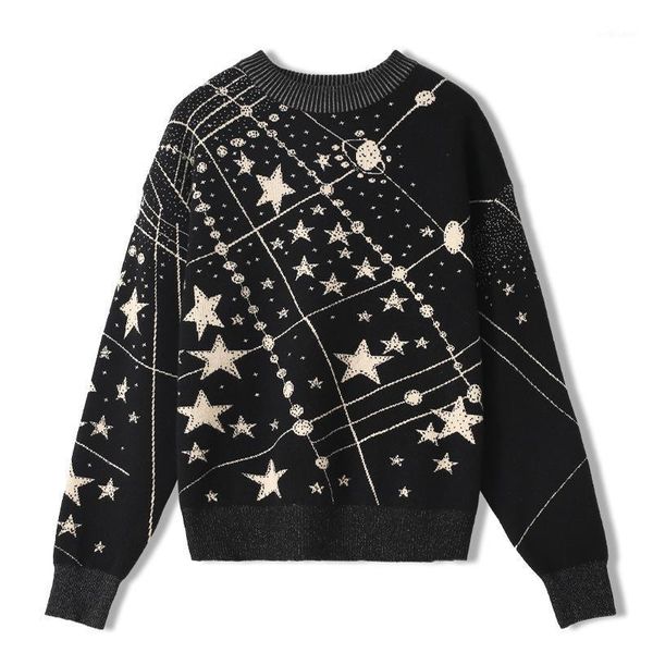 

women's sweaters runway fashion autumn winter black stars jacquard design loose jumper knitwear ladies clothes pullovers top, White;black