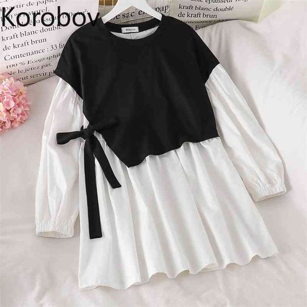

korobov new vintage fake 2 pieces women dress korean sweet lacing bow elegant dresses preppy style patchwork vestidos 210430, Black;gray