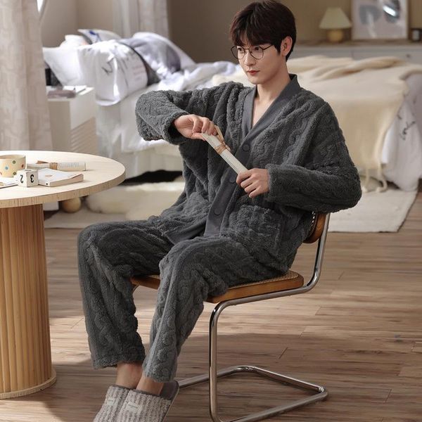 

men's sleepwear coral fleece 2pcs pajamas with trousers set men v-neck long sleeve suit winter casual lounge wear home clothes, Black;brown