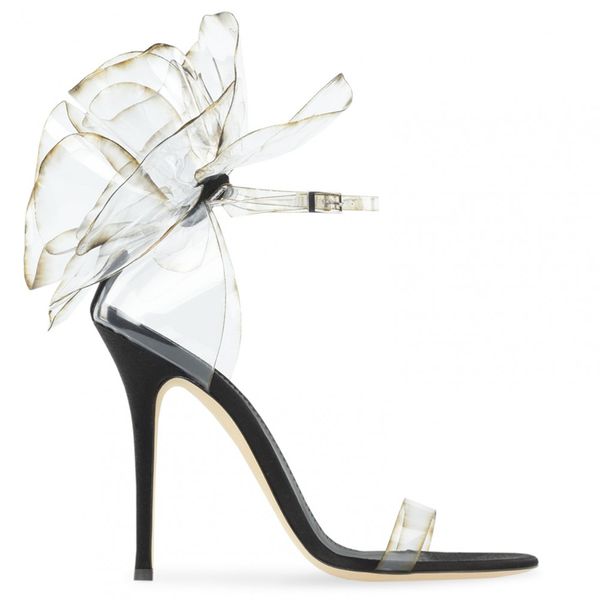 

women's leather banqueting sandals, new flower transparent stiletto shoes, one-word buckle open toe, size: 34-42, Black