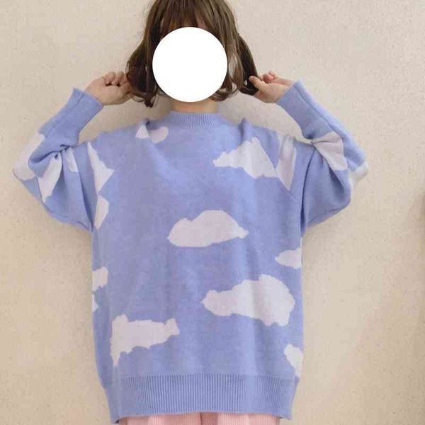 

women's sweaters harajuku vintage knitted women sweater korean fashion cute blue cloud oversized black jumper kawaii female loose, White;black