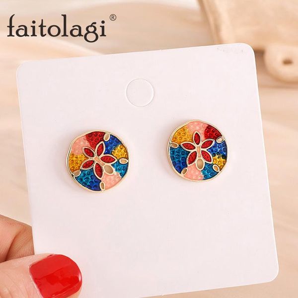 

1pair colorful flower women stud earrings vintage circle piercing bohemia drip glaze earring female jewelry gift, Golden;silver