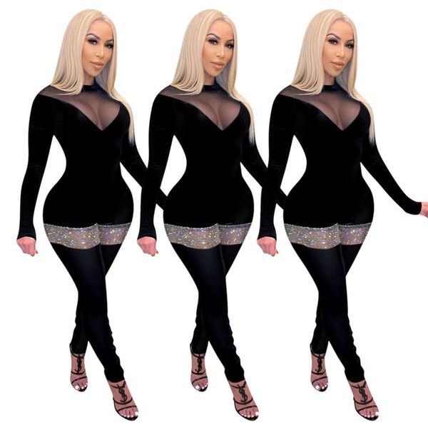 

fe071 solid color splicing deep v long sleeve jumpsuit women's wear, Black;white