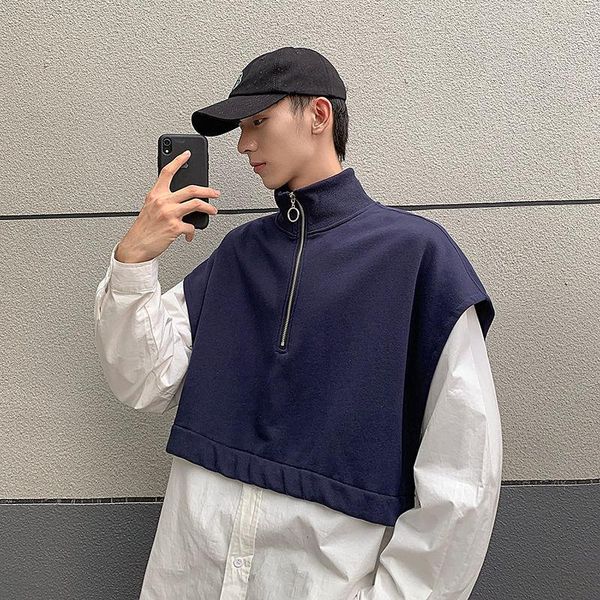 

korean men's half high neck zipper sweatshirts fabric vest pullovers short vests 2021 spring 9y5596, Black;white