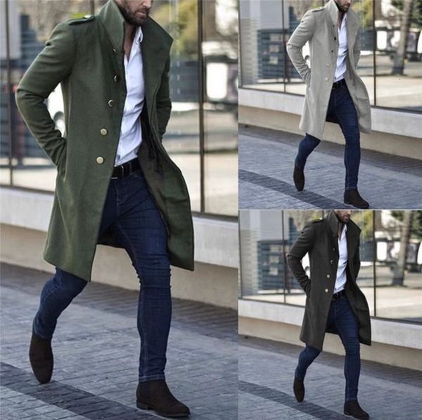 

men's wool & designer stand collar sleeve single breasted long mens blends casual solid color abrigo hombre, Black