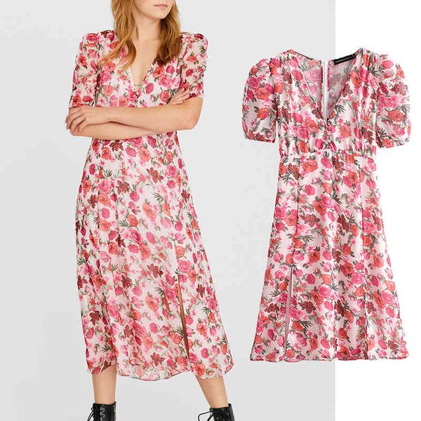 

casual dresses woman rose print dress v-neck midi romantic slim waist vestidos chic party es 0275, Black;gray