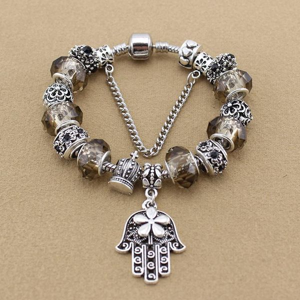 

charm bracelets black glazed crystal glass beads palm glamour crown silver-plated european retro bracelet female jewelry christmas gift, Golden;silver