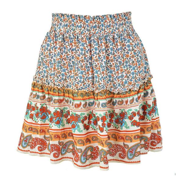 

skirts mini skirt mujer faldas woman womens saias mulher femme jupes printing high waist bohemian ruffle folds multicolor, Black