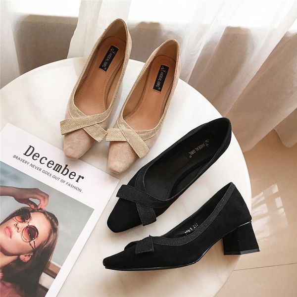 

dress shoes 2021 brand flock high heels woman velvet pumps bowtie thick women bow-knot wedges pointed toe dressy shoe, Black