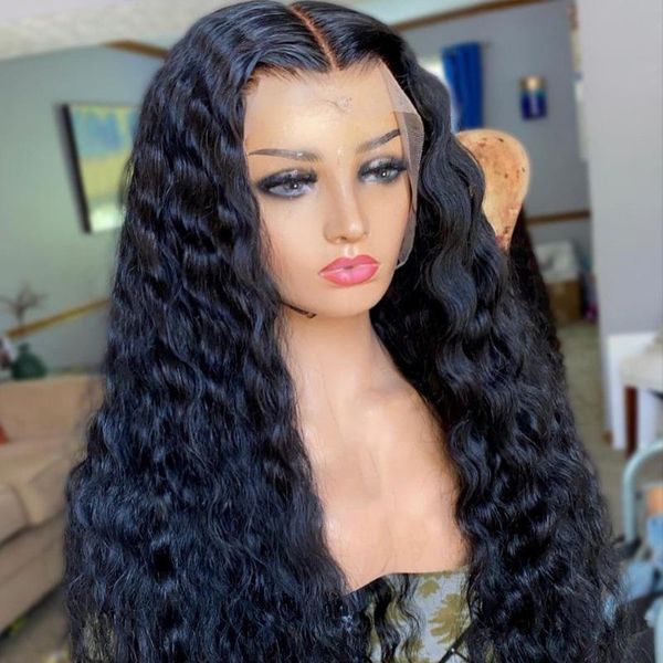 

lace wigs soft remy 180% density large cap size water curly 13x4/6 t part front human hair wig for women with babyhair daily wear, Black;brown