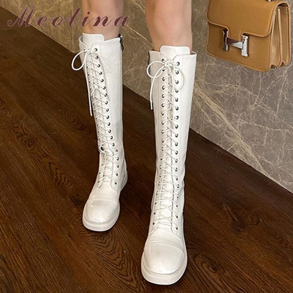 

boots meotina genuine leather flat long motorcycle women shoes zip lace up knee-high ladies autumn winter black 40