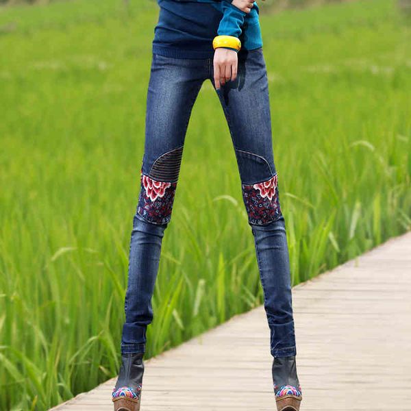 

jeans 2021 vintage woman's thin brim pants denim breeches embroidered stretch-out waistband women's high-waisted jeans, Blue