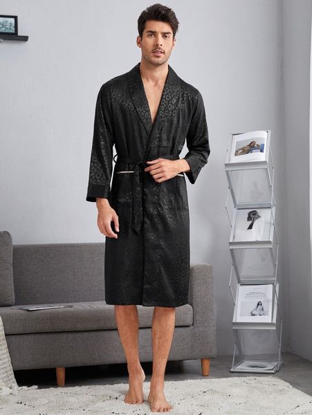 

men leopard jacquard belted satin robe & shorts pj set m08p#, Black;brown